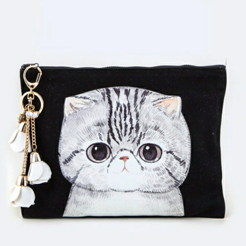 Kitty Cat Tasseled Rose Bud Canvas Zip Pouch NEW